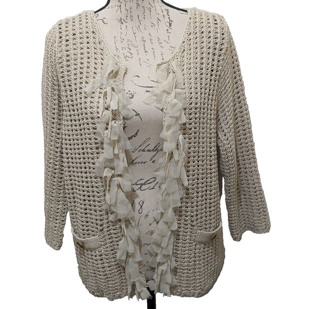 Chico's Cream Crochet Open Cardigan with Ruffle Trim